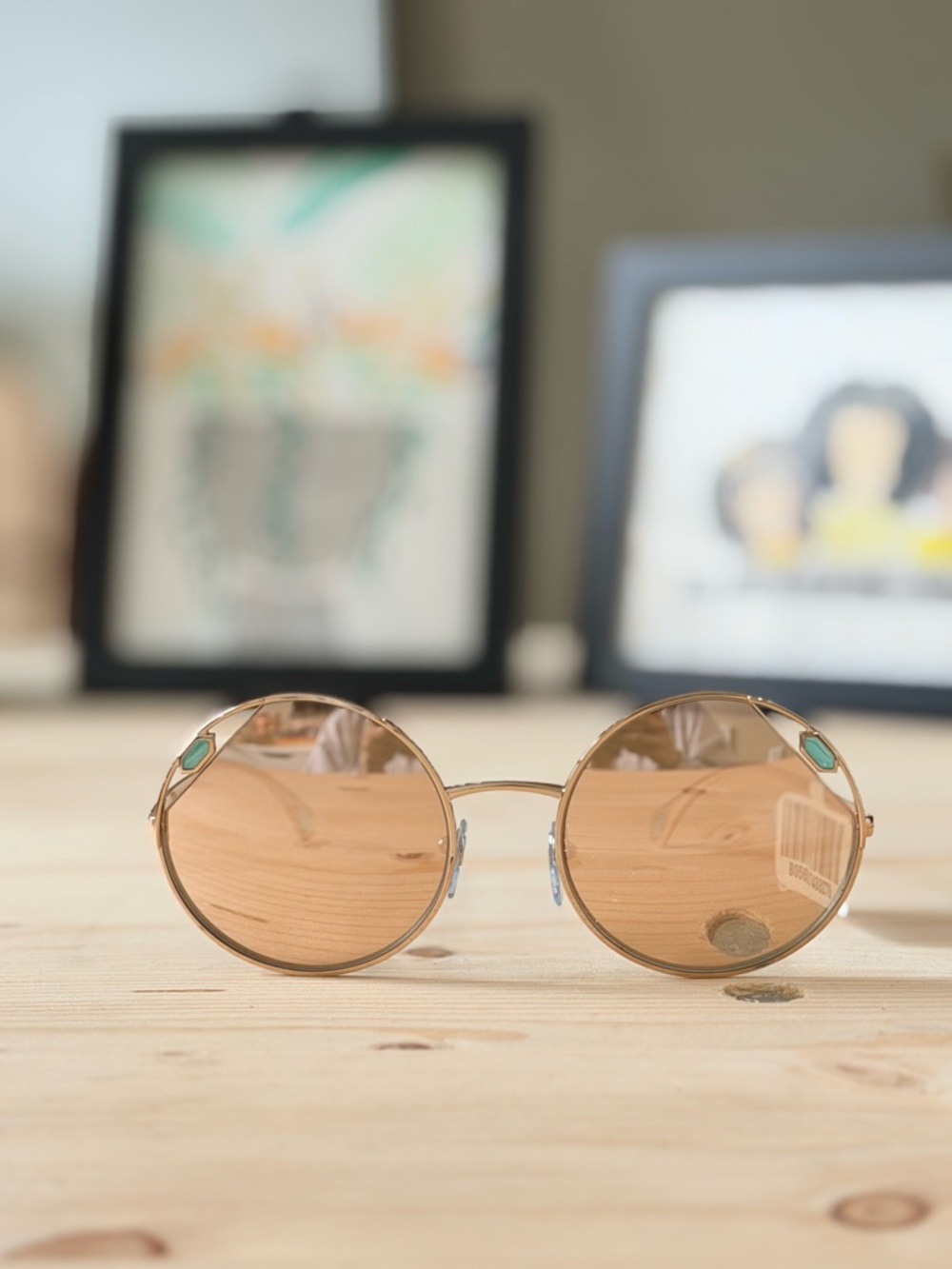 Bulgari Pink Gold Round Sunglasses with Turquoise Accent